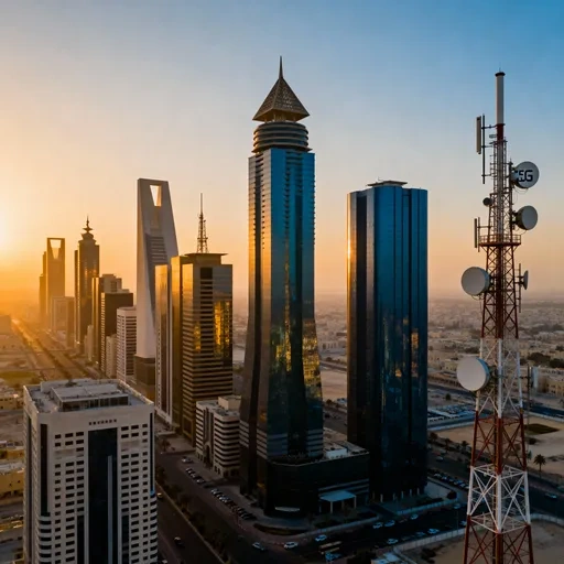 Kuwait City skyline at night with network connections